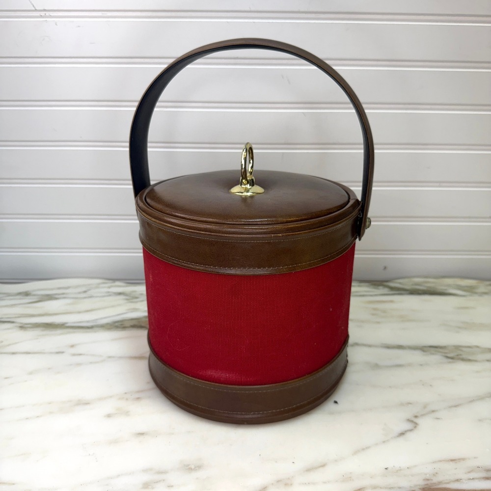 Vintage Ice Bucket Red Fabric Brown Vinyl Mid Century Barware 70s